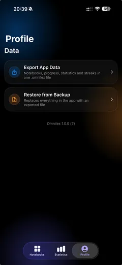 Omnilex profile screen with export and restore options